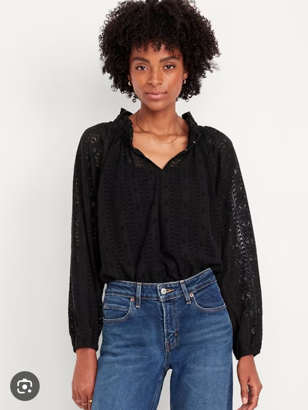 NEW Old Navy Womens Lg Black Split Neck Lace Long Sleeve Top NWT 513754-00-1